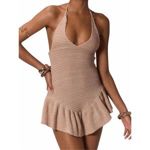 MUSERA Women’s Crochet Knit Halter Mini Dress Cover Up Beige Size S/M NWT